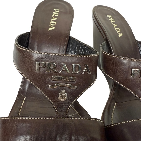 Prada Brown Leather Logo Wedge Sandals - Picture 3 of 8